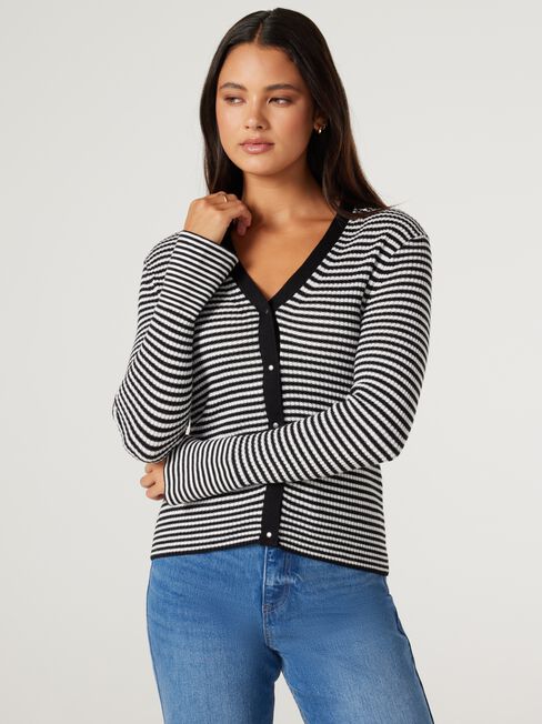 Isla Fine Gauge Cardigan, Black Stripe, hi-res