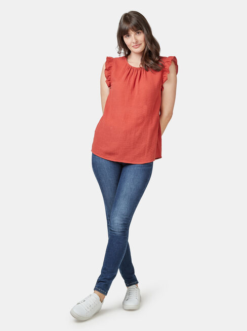 Frida Textured Frill Sleeve Top, Red, hi-res