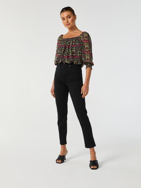 Steph Square Neck Shirred Blouse, Brown, hi-res