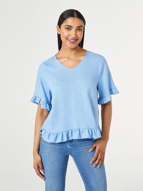 Ivy V-Neck Ruffle Top, Light Blue, hi-res