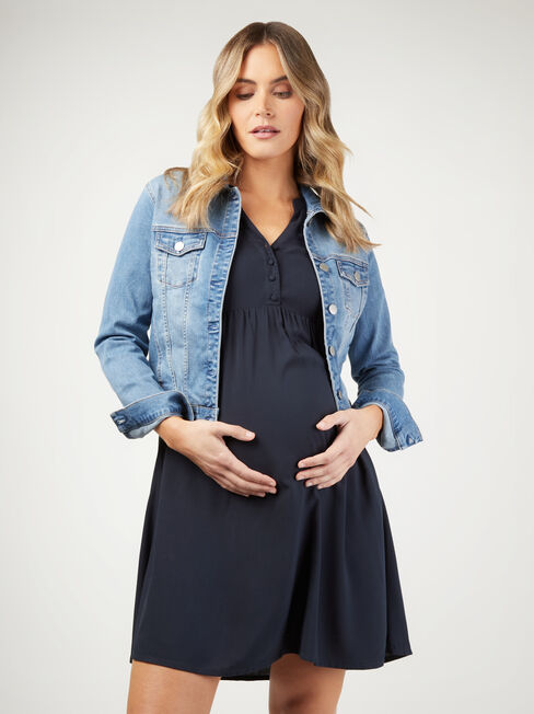 Amity Half Button Maternity Dress, Blue, hi-res