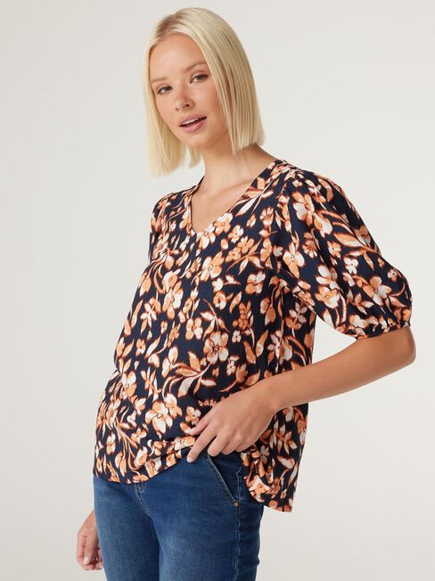 Maya V-Neck Top, Blurred Rust Floral, hi-res