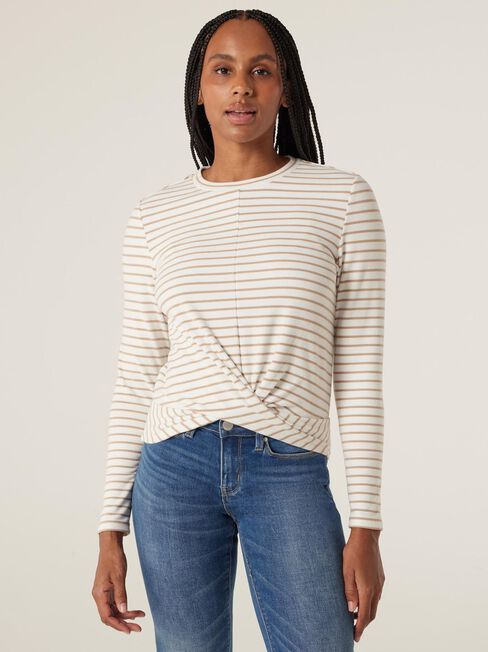 Beck Twist Hem Jersey Top, White/Camel Stripe, hi-res