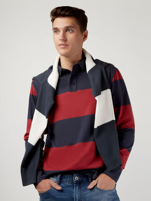 LS Granger Stripe Rugby Polo, Red, hi-res