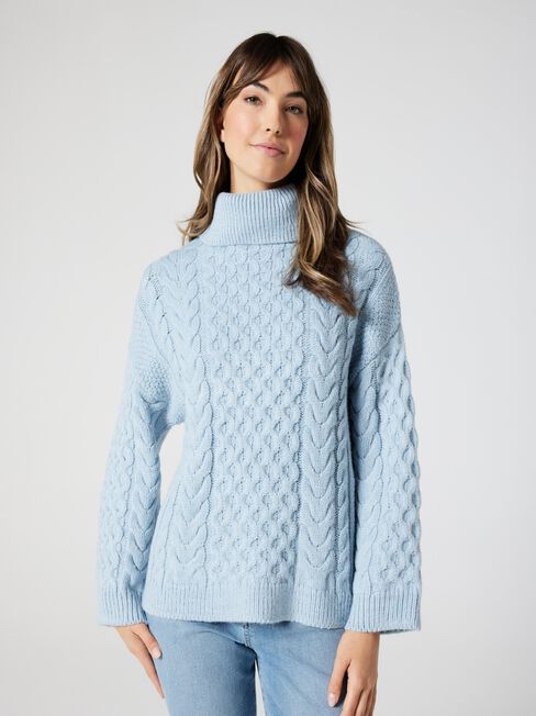 Sisi Cowl Neck Cable Knit Pullover, Powder Blue, hi-res