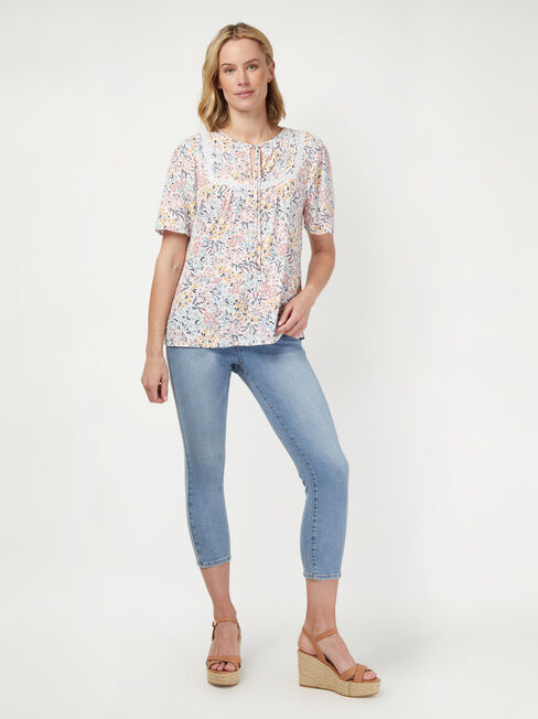 Tara Short Sleeve Peasant Blouse, Floral, hi-res