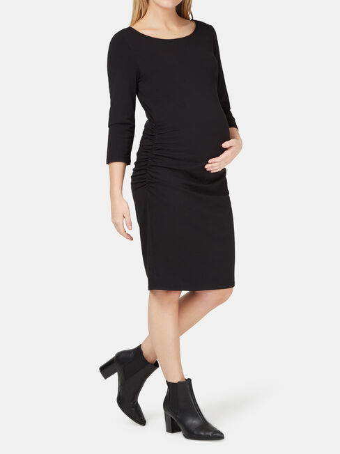 Michaela Gathered Maternity Dress, Black, hi-res