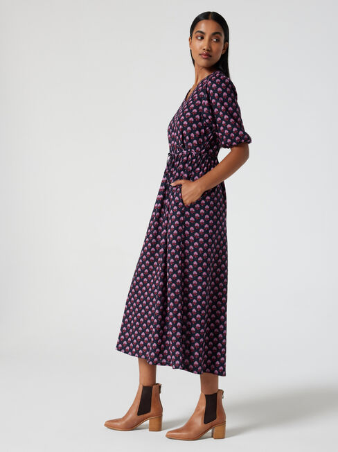 Henriette V-Neck Midi Dress, Pink Geo, hi-res