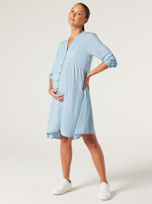 Tencel Half Button Maternity Dress, Chambray, hi-res