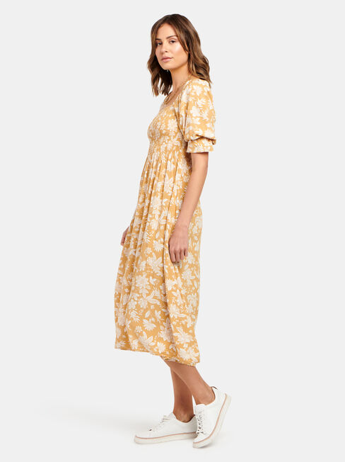 Shell Shirred Bust Dress, Yellow, hi-res