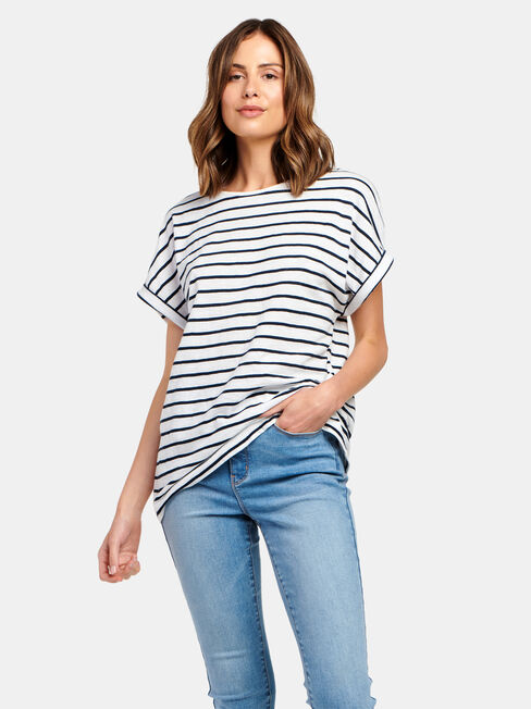 Drop Shoulder Tee, White & Navy Stripe, hi-res