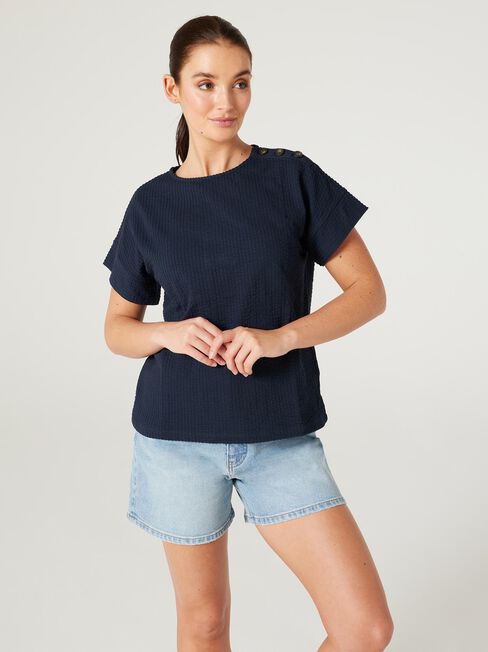 Louise Textured Button Detail Tee, Ink, hi-res