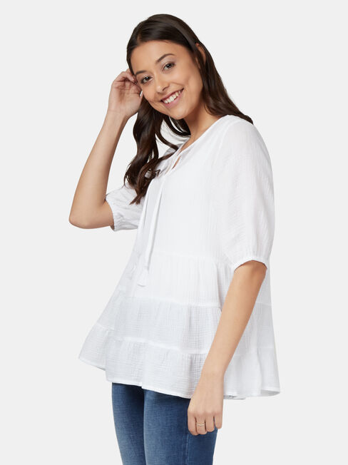 Cara Cheesecloth Tiered Top, White, hi-res