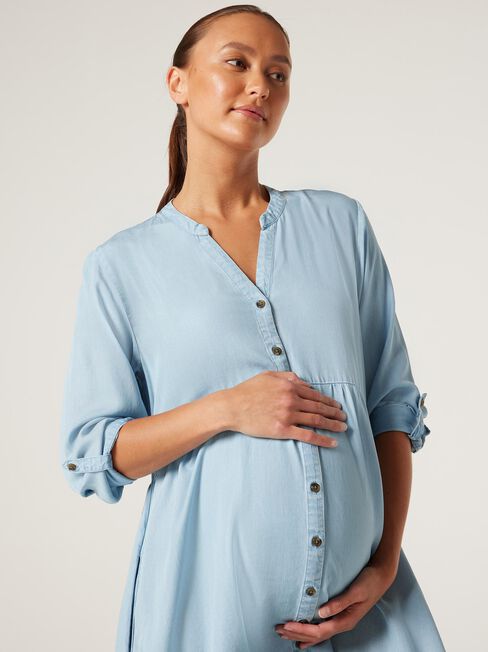 Tencel Half Button Maternity Dress, Chambray, hi-res