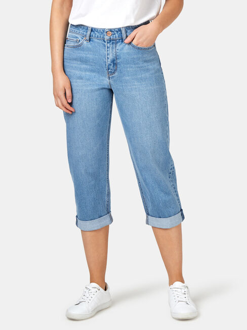 Capri Boyfriend Jeans, Mid Indigo, hi-res