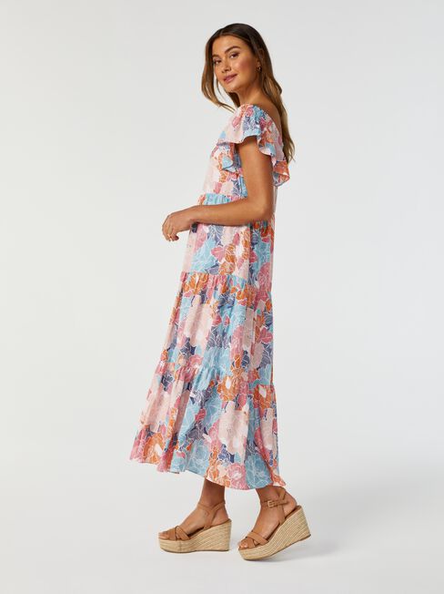 Coral Tiered Summer Midi Dress, Yellow, hi-res