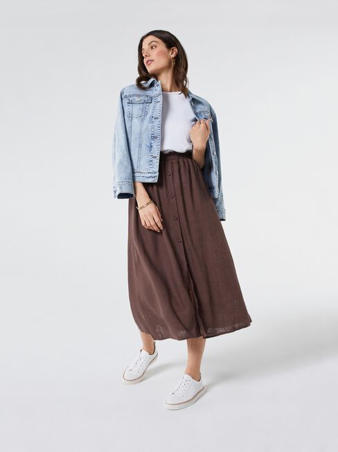 Collette Ruched Waist Midi Skirt, Brown, hi-res