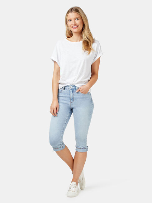 Mid Waisted Pedal Pusher Jeans Faded Blue, Light Indigo, hi-res
