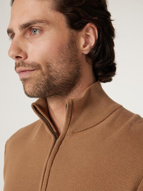 Elliot Funnel Zip Neck  Knit, Caramel, hi-res