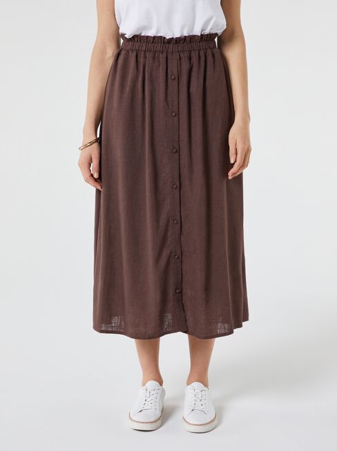 Collette Ruched Waist Midi Skirt, Brown, hi-res