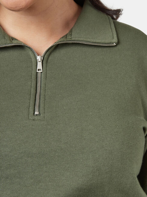 Pearl Zip Front Concave Sweat, Green, hi-res
