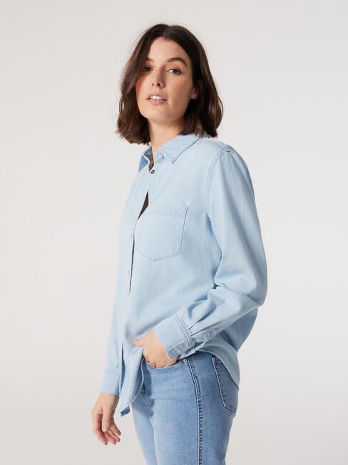 Mia Essential Denim Shirt, Blue, hi-res