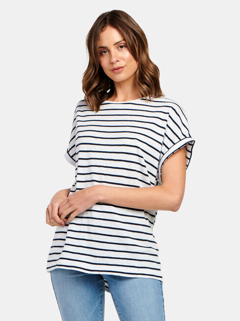 Drop Shoulder Tee, White & Navy Stripe, hi-res