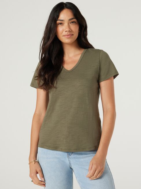 Essential V-Neck Tee, Khaki, hi-res