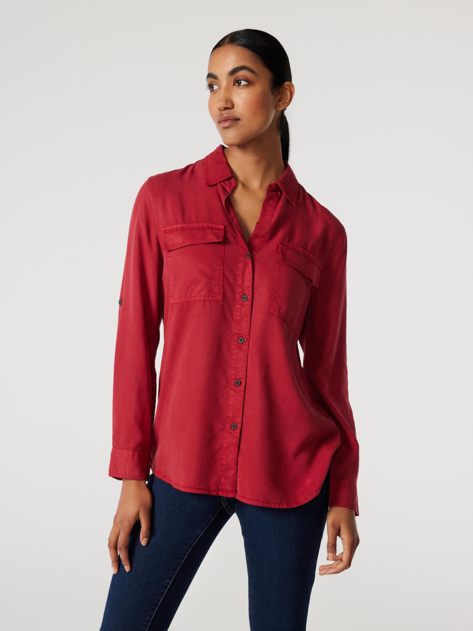 Womens red shop button down shirt