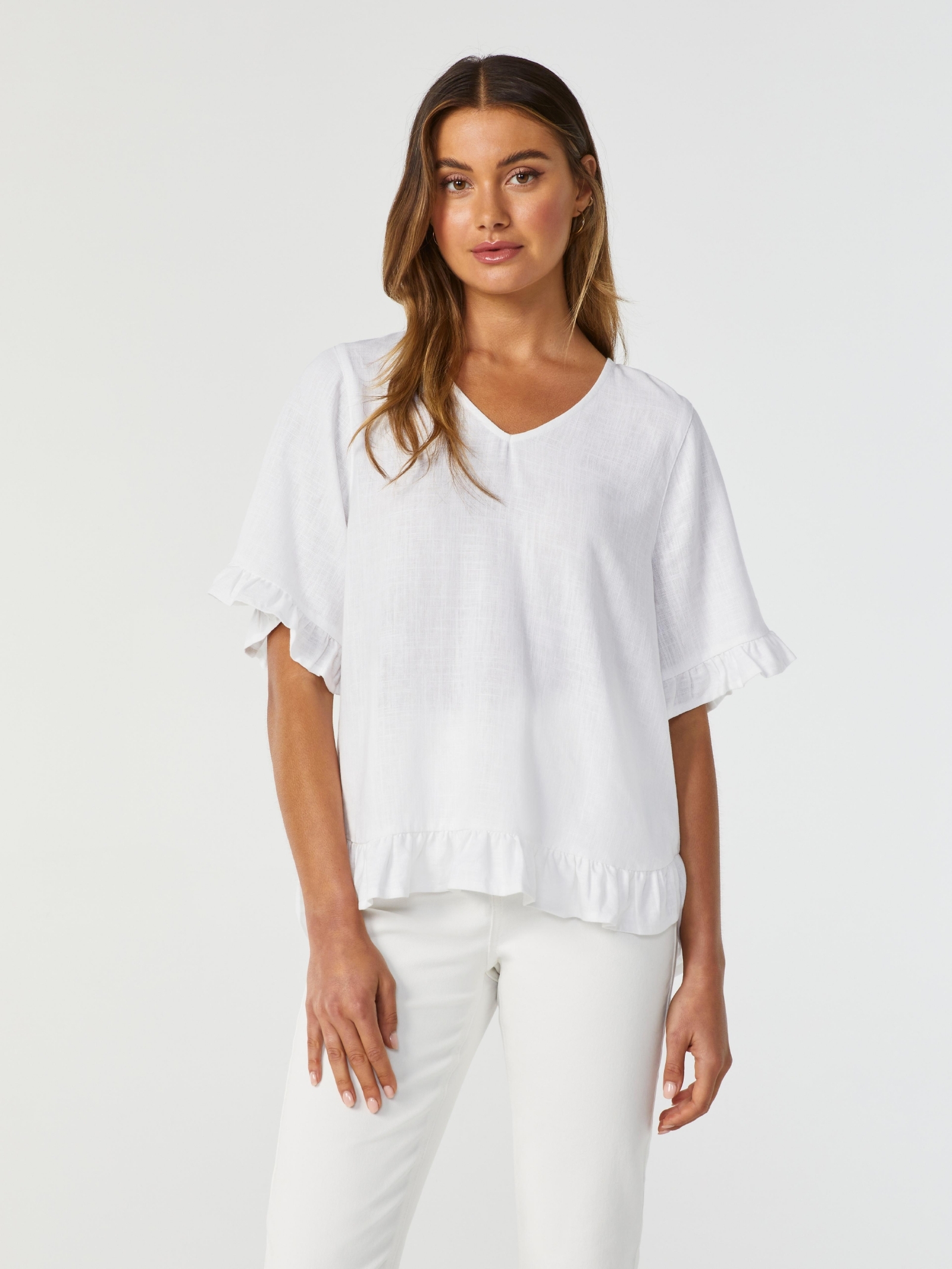 White v neck ruffle blouse discount